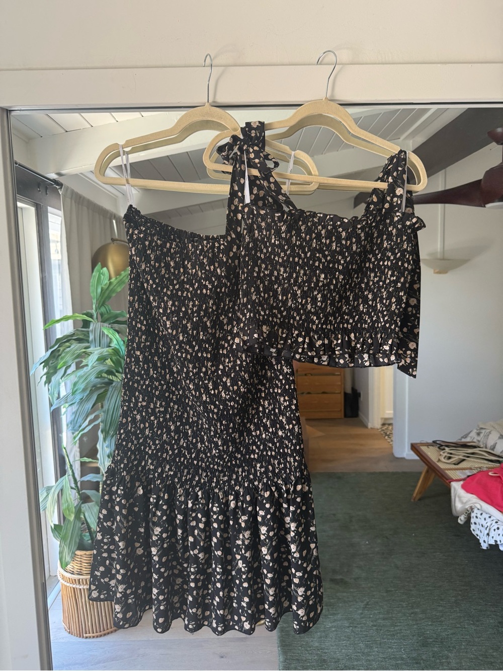 Smocked Black Floral Midi skirt with Tie-Strap Top
